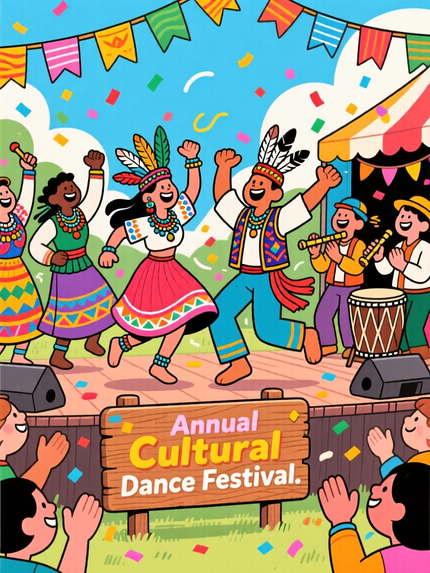 A cultural dance festival with performers in vibrant traditional dress.