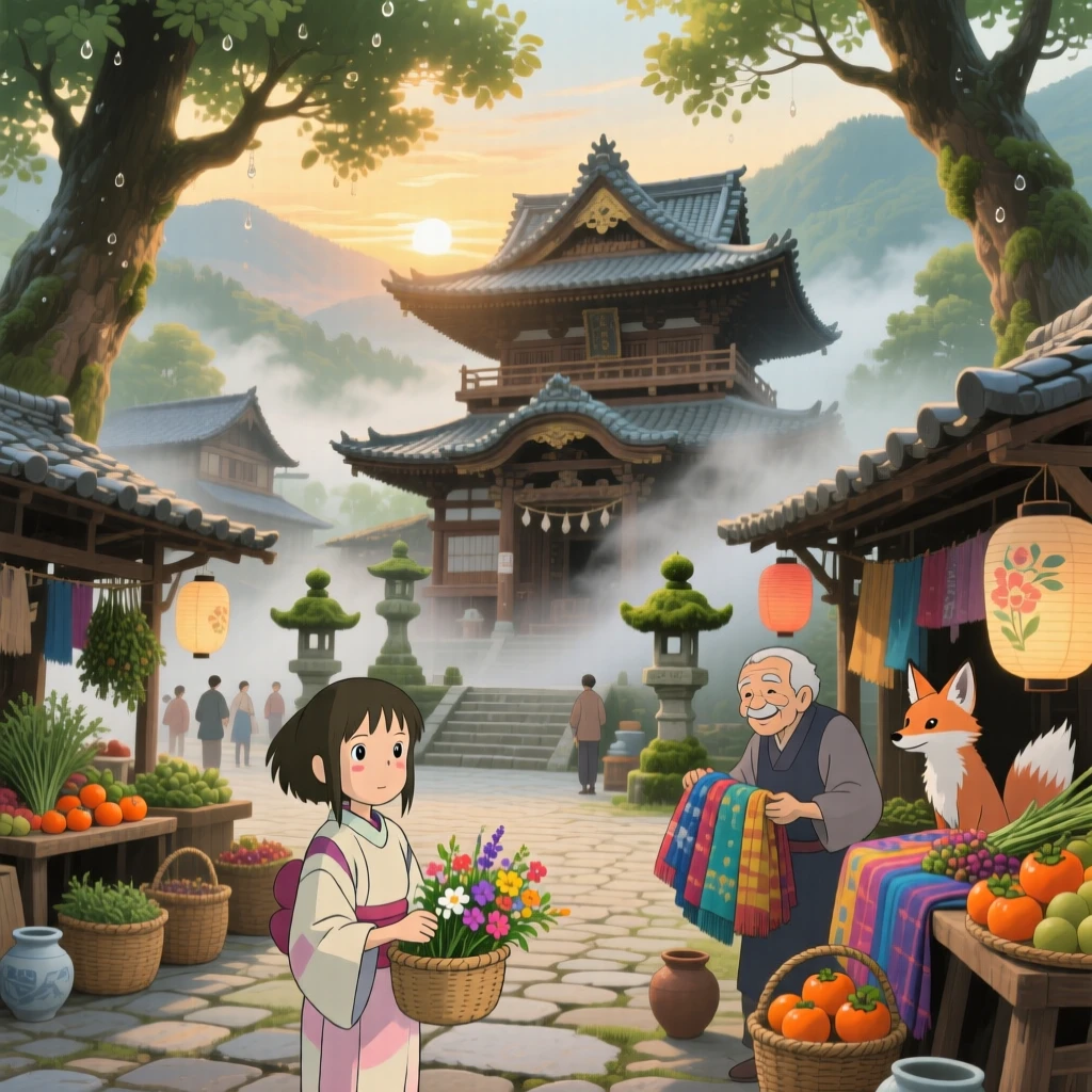 A scenic view of an ancient temple town wreathed in morning mist, as market stalls line the main square.
