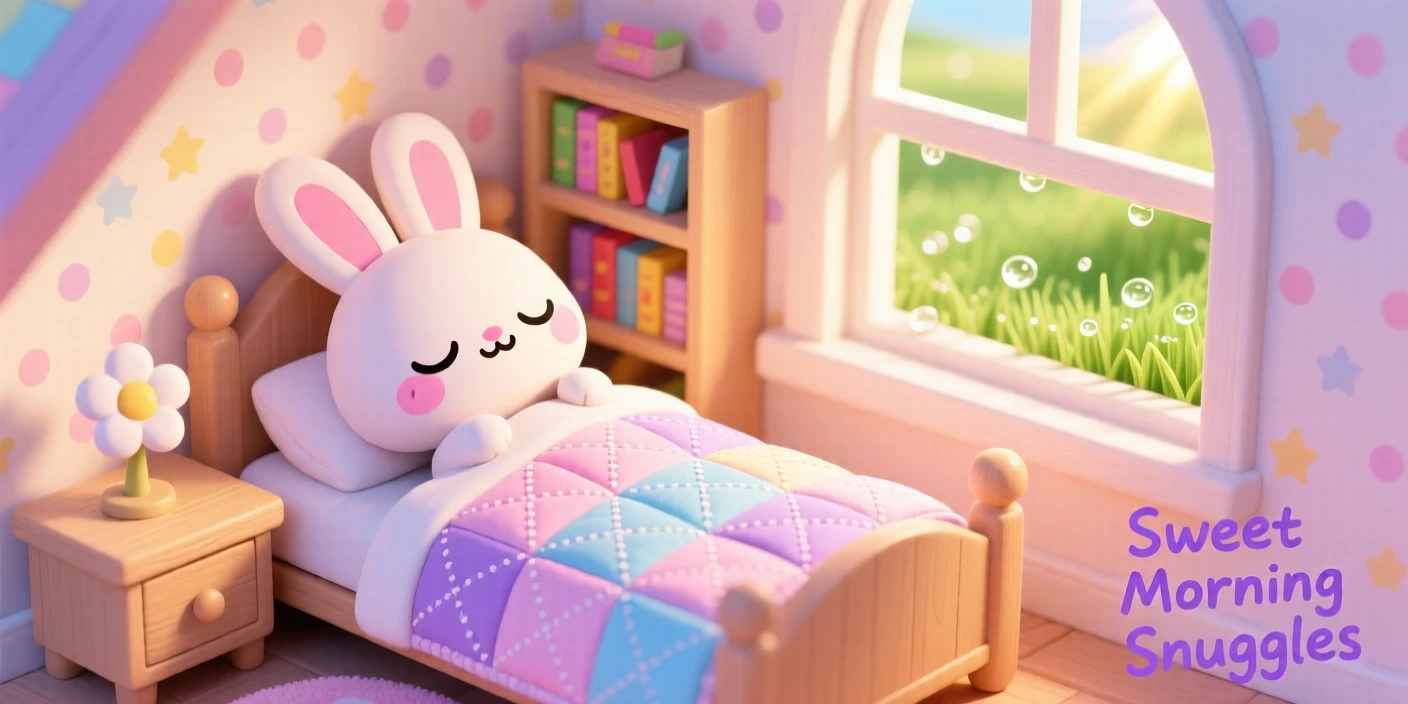 Dynamic diagonal composition: a sleepy bunny, tucked into a tiny quilted bed, set against a dollhouse-like bedroom as morning dew glistens on the grass, with bright midday sun and a mood of warm affection.