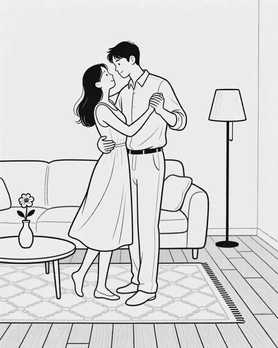 A couple slow dancing in their living room