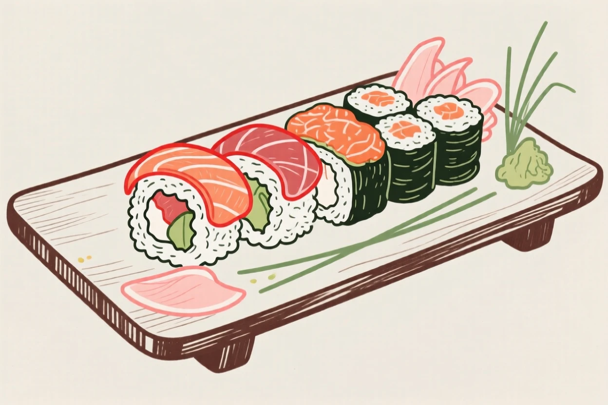 A platter of sushi rolls arranged with pickled ginger.