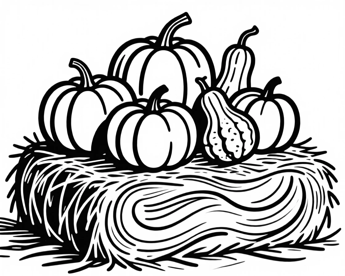 A cluster of autumn pumpkins and gourds arranged on a hay bale.