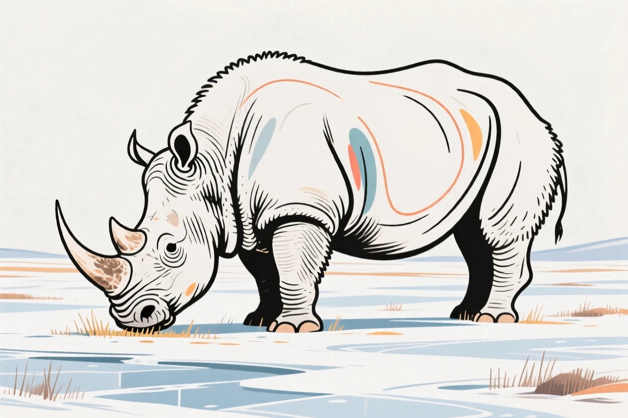 A woolly rhinoceros grazing on a frozen steppe landscape.
