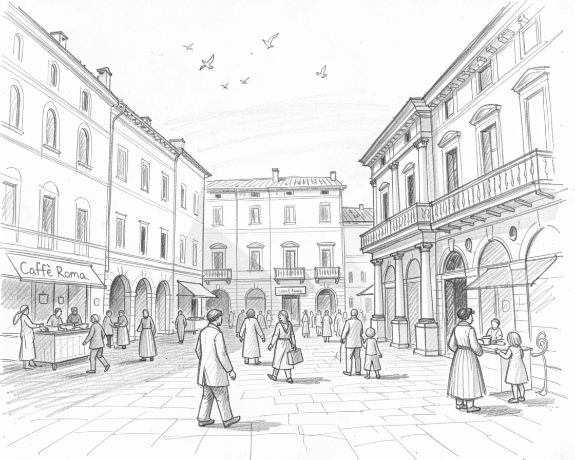 Sweeping architectural view of a bustling old-world piazza, beneath a clear blue sky, with birds circling overhead.