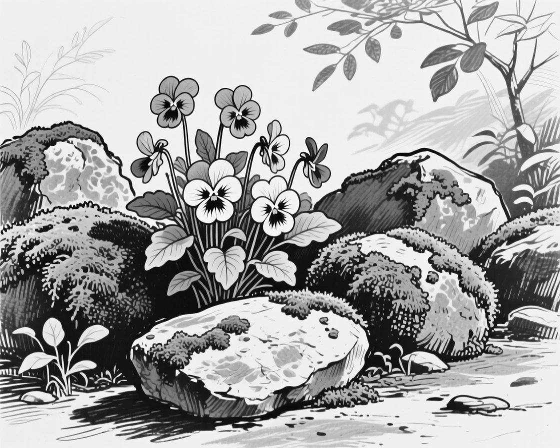 A cluster of violets nestled among mossy stones in a shaded garden.