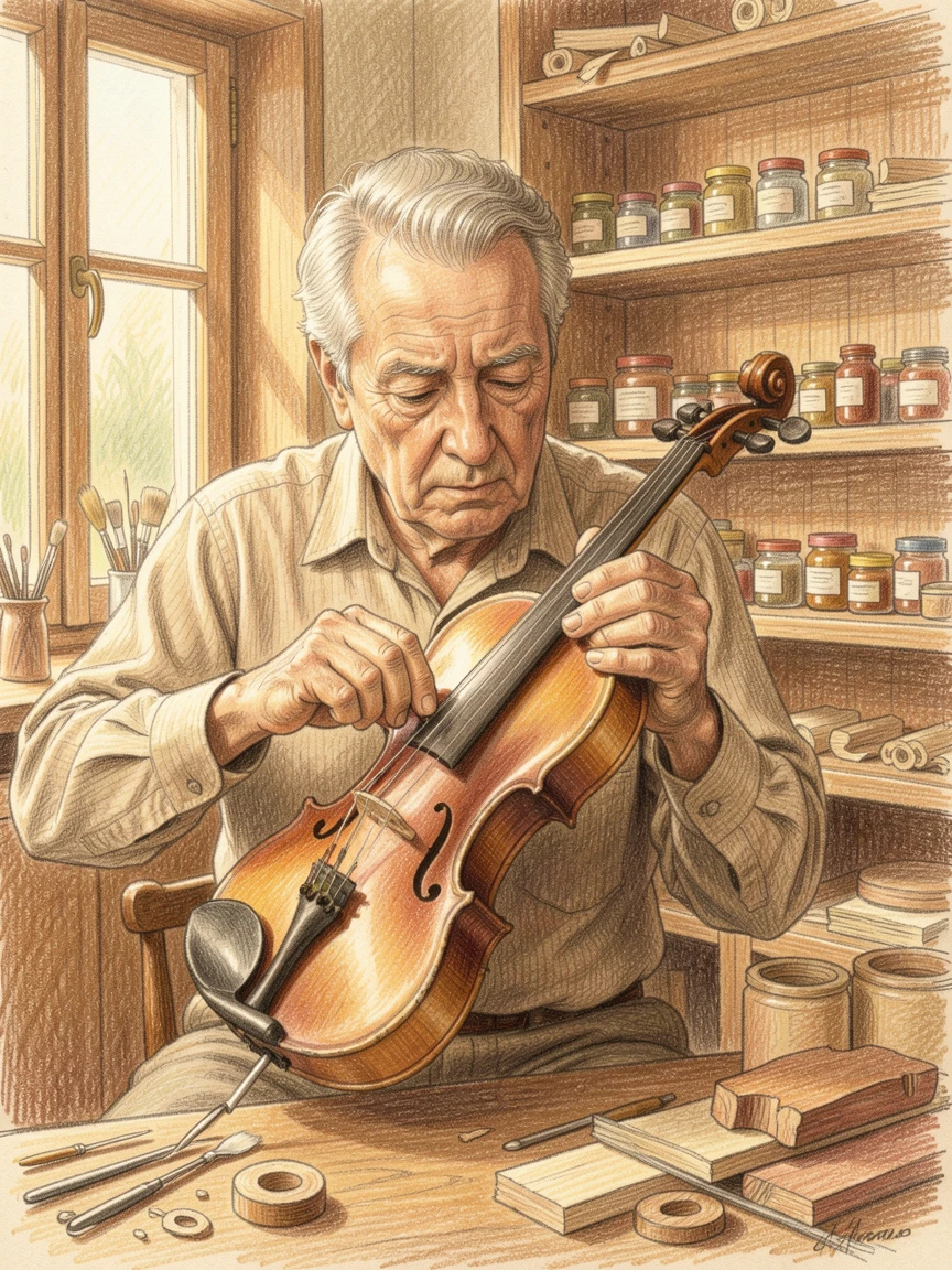 A violin maker restoring an antique instrument in a warm workshop, with warm natural light filling the scene, evoking mindfulness, patience, and simple contentment.