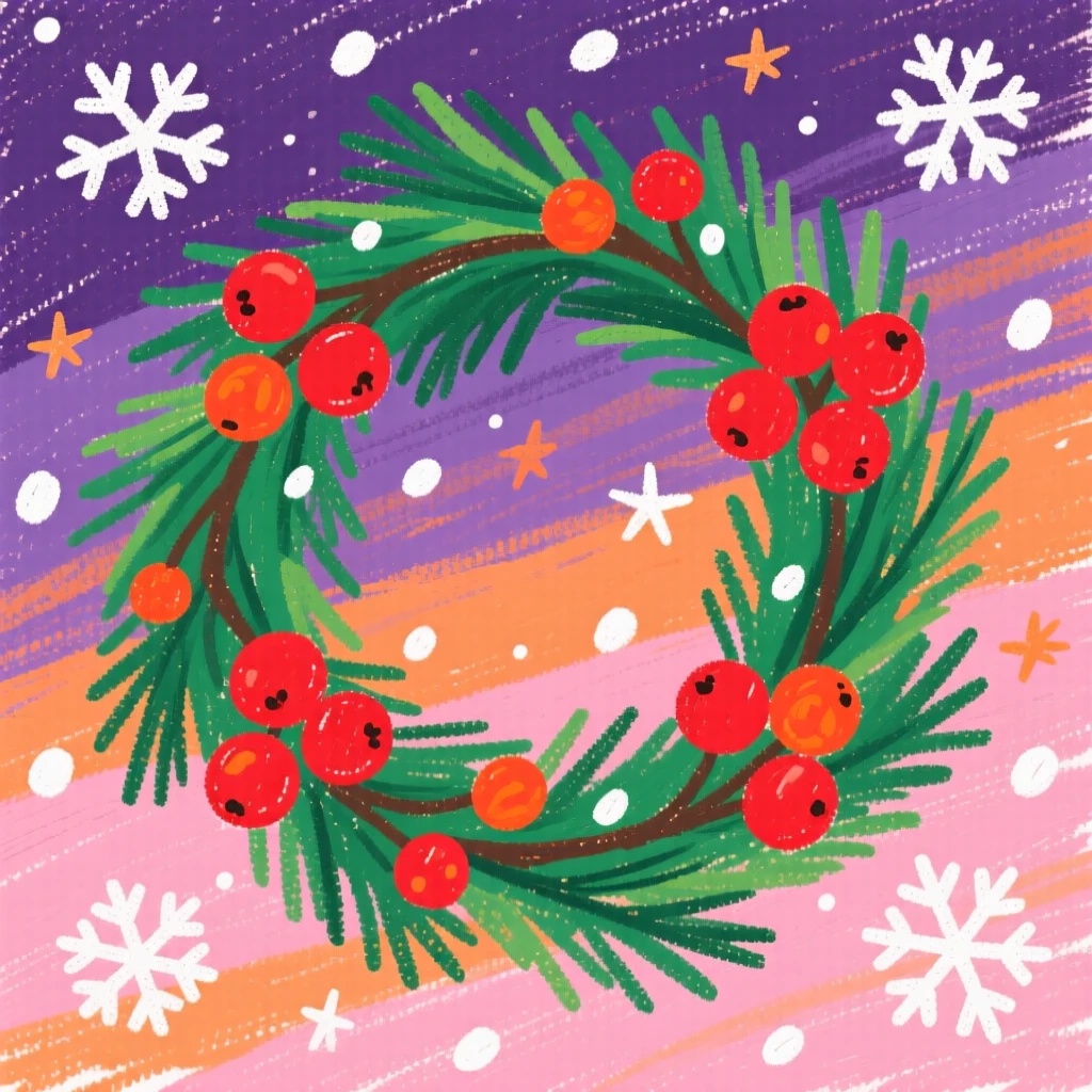 A wreath of pine and berries surrounded by falling snow at dusk.