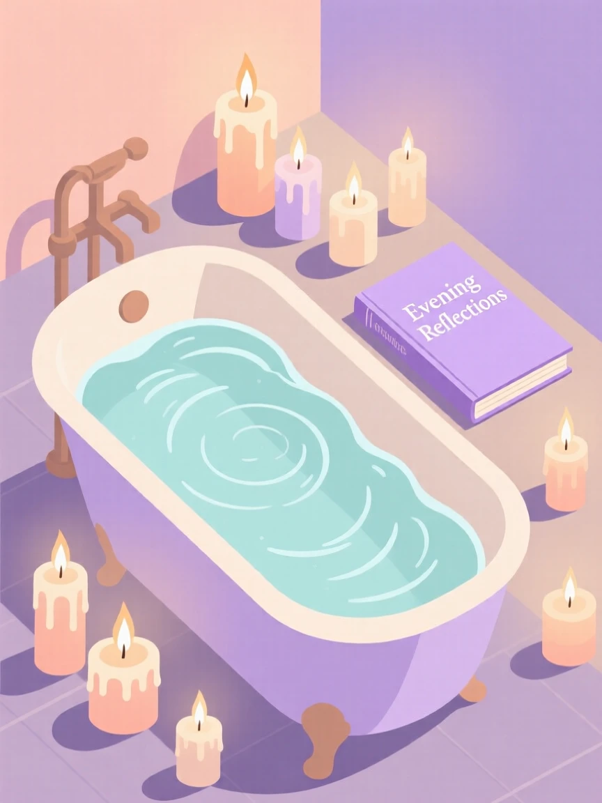 A self-care evening setup with a bath, candles, and a good book, arranged in a softly lit evening setting, arranged in a neatly styled flat lay composition, with gentle pastel tones evoking calm and comfort.