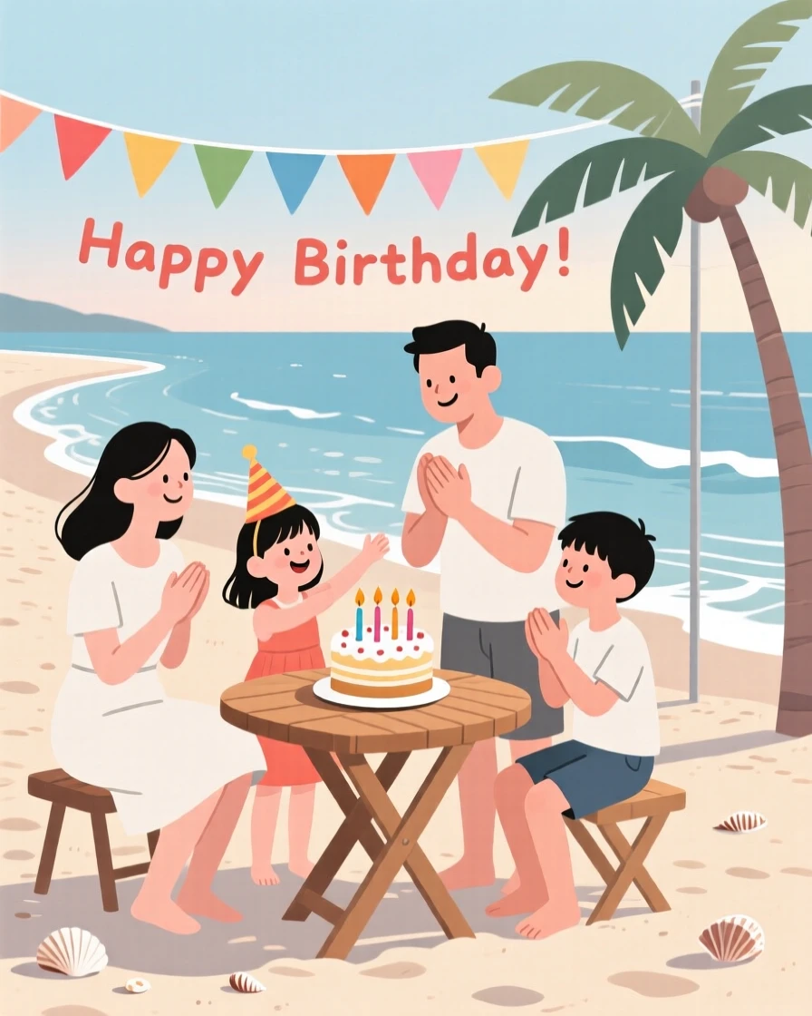 A family celebrating a birthday together on the beach.