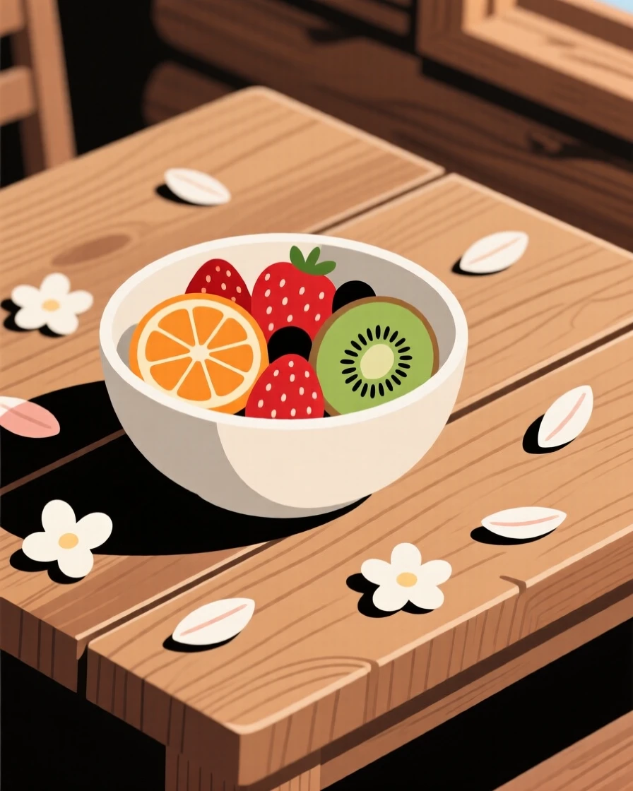 A freshly prepared bowl of fresh fruit salad served on scattered flower petals, set in a mountain cabin table, inviting festive celebration.