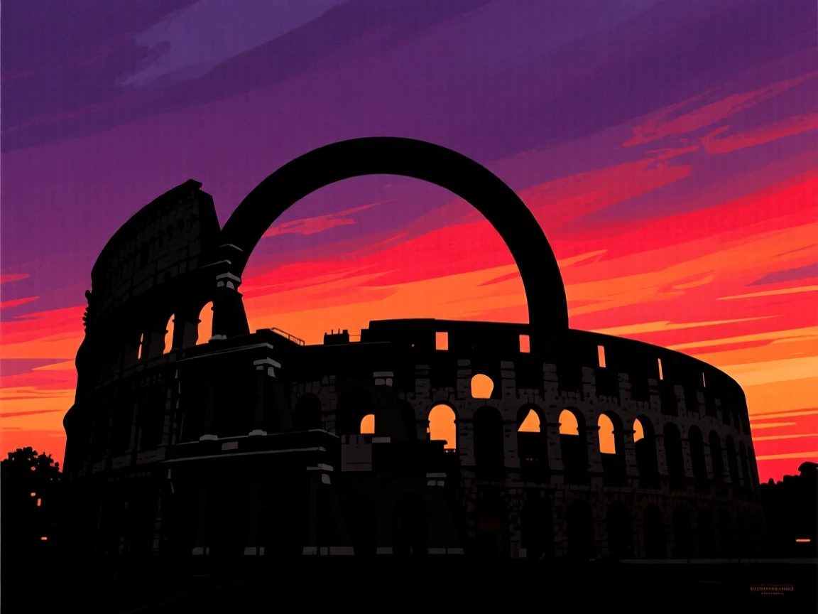 The ancient ring of the Colosseum standing beneath a dramatic evening sky.