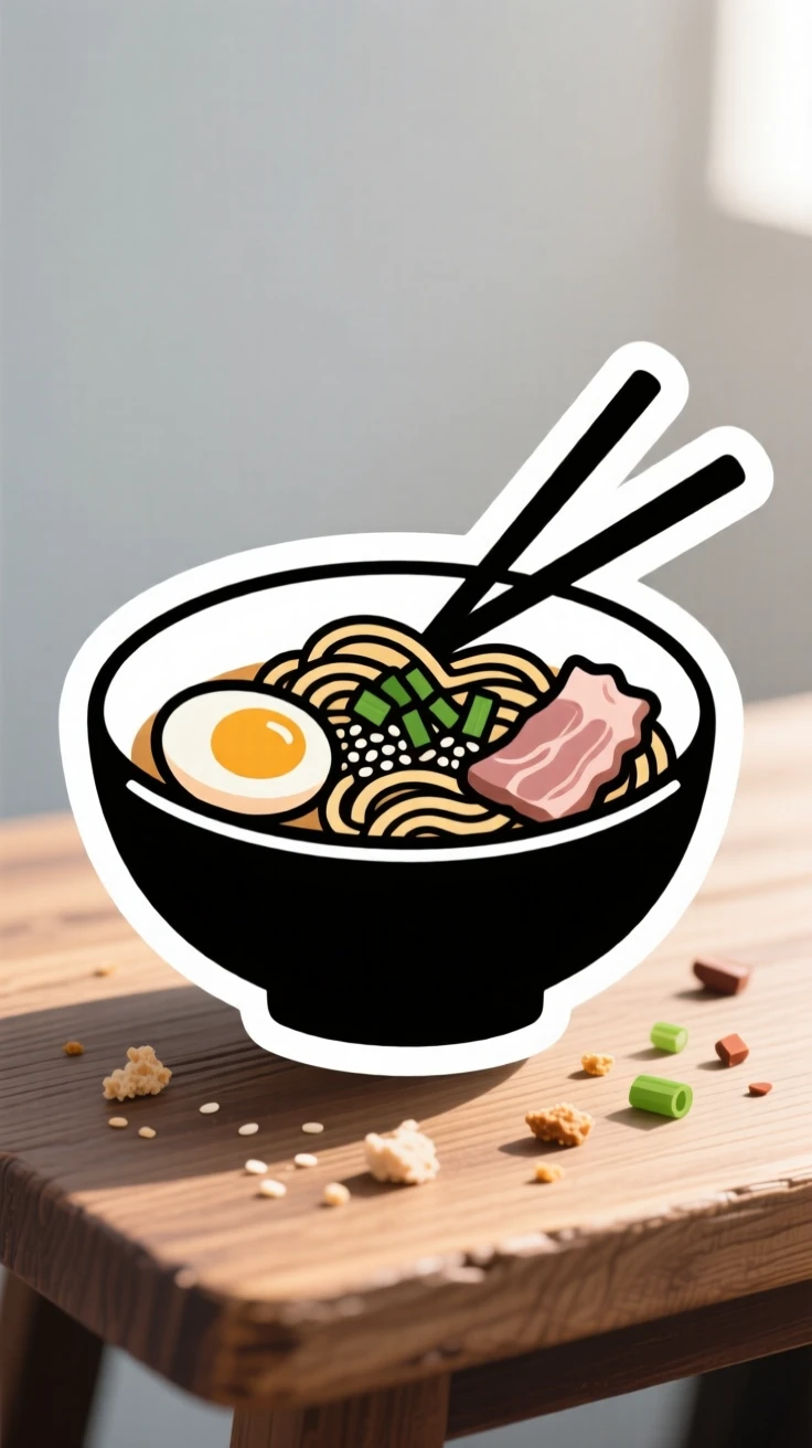 A delightfully sweet bowl of ramen noodles with chopsticks, surrounded by scattered crumbs, on a rustic wooden table with soft morning light.