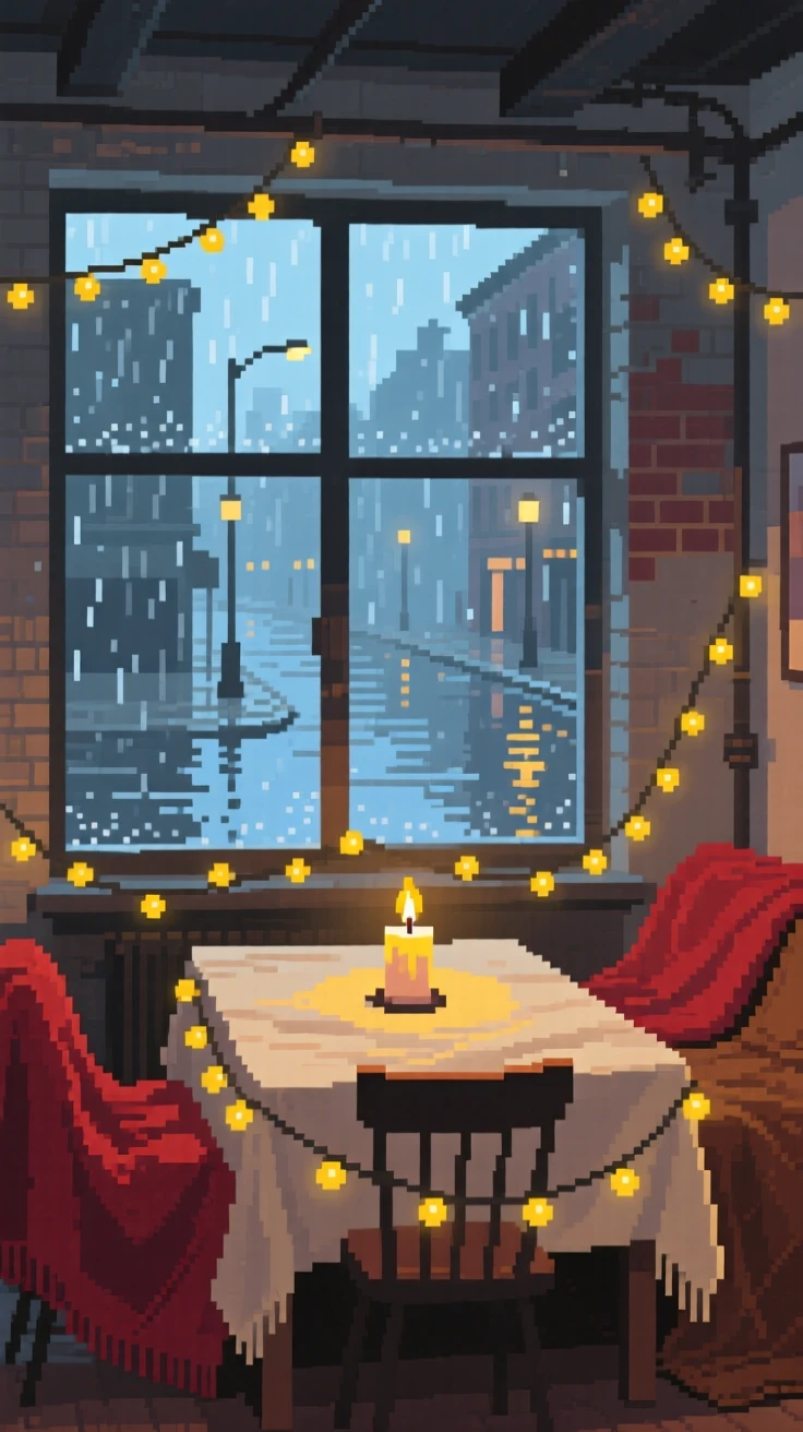 A candlelit dinner table covered in blankets and fairy lights, in a loft apartment above a rainy street.