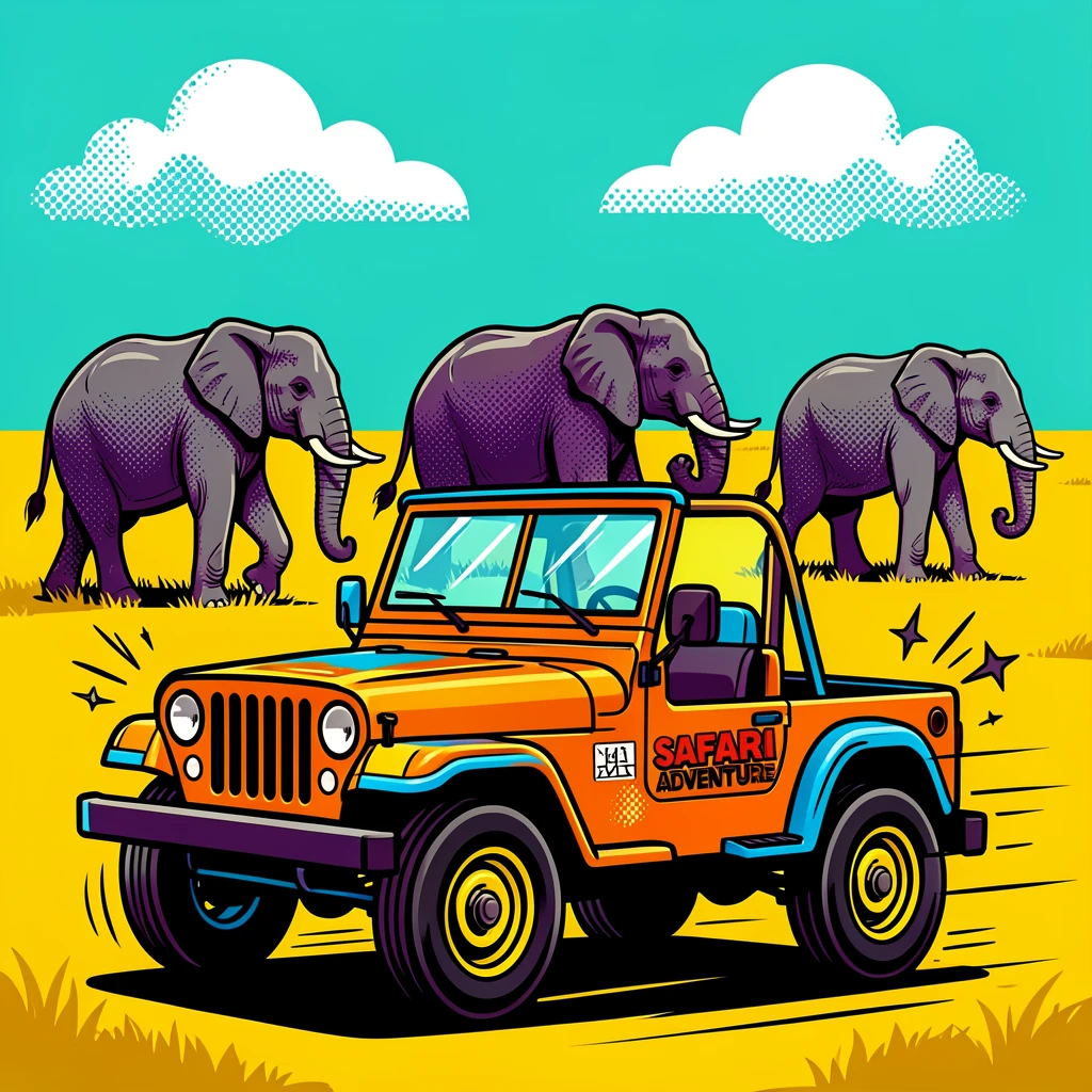 A safari jeep watching elephants cross the savanna