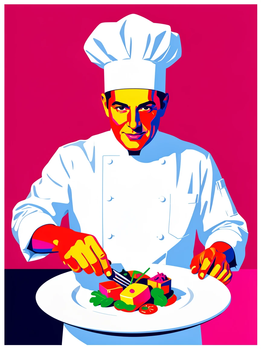 Man in a chef's hat plating a gourmet dish