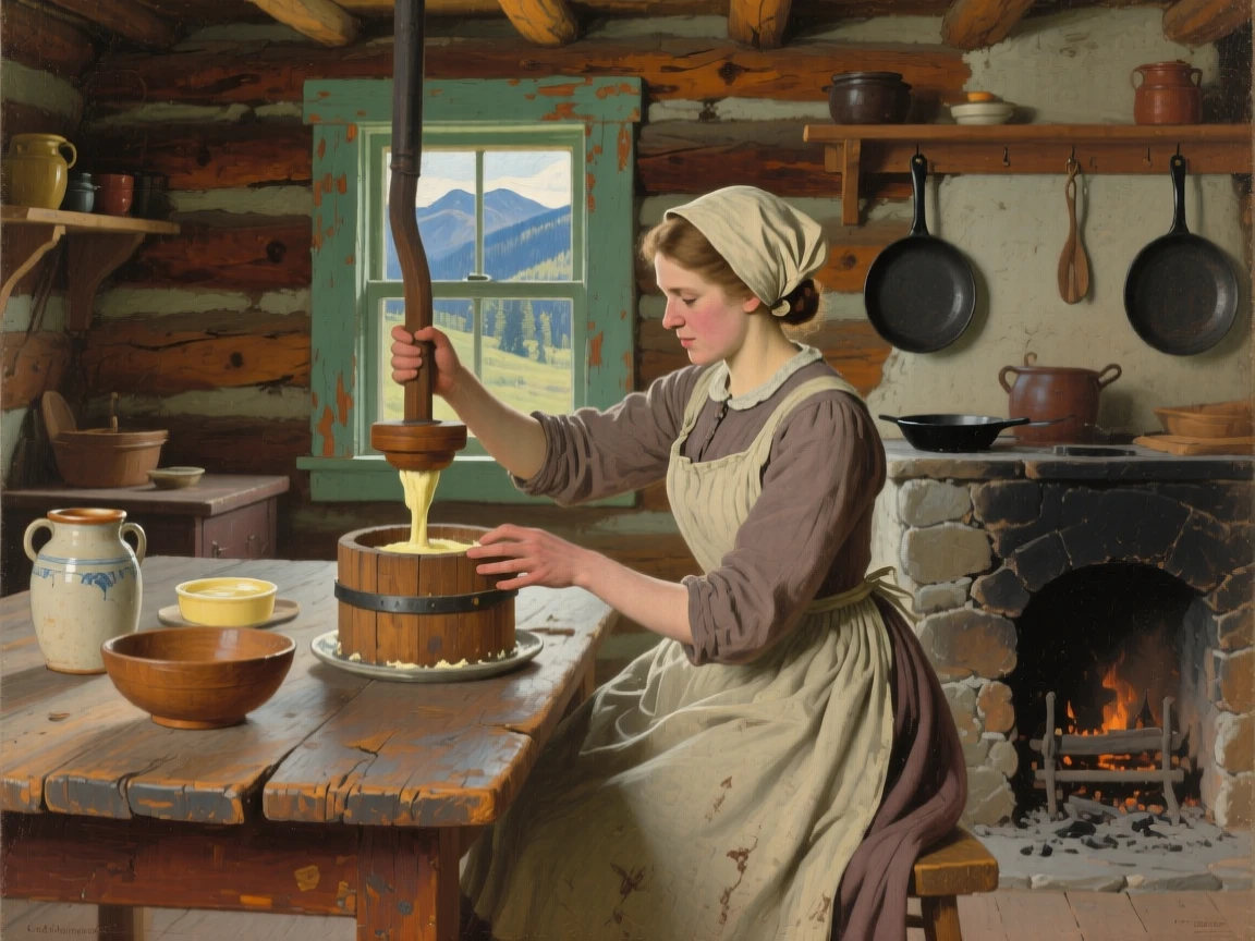 A medium shot of a woman churning butter in a rustic farmhouse kitchen, in the Canadian Rockies, in the late 19th century.