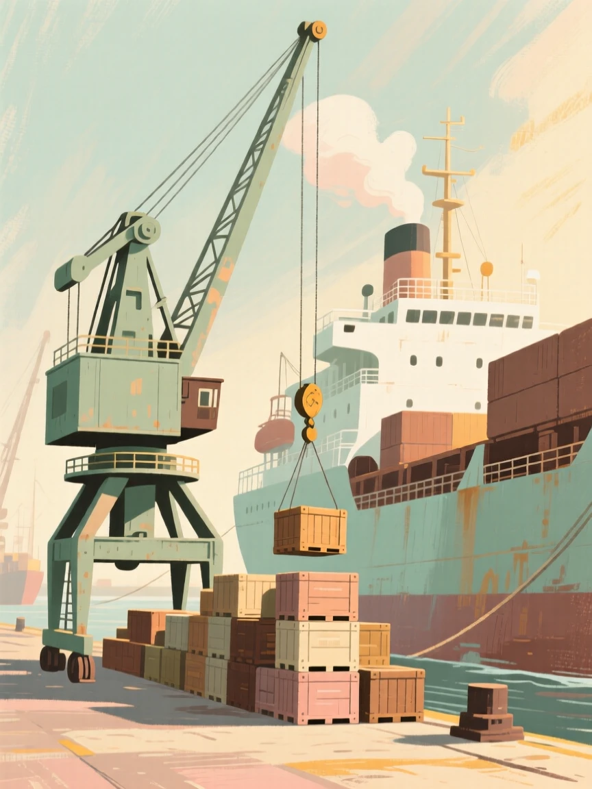 A vintage steam crane loading crates onto a harbor freighter