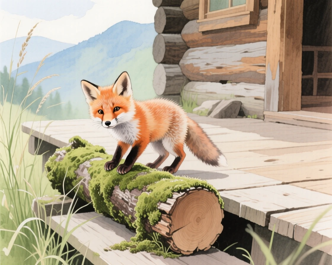 A baby fox climbs over a mossy log in a mountain cabin porch, while a gentle breeze stirs the grass