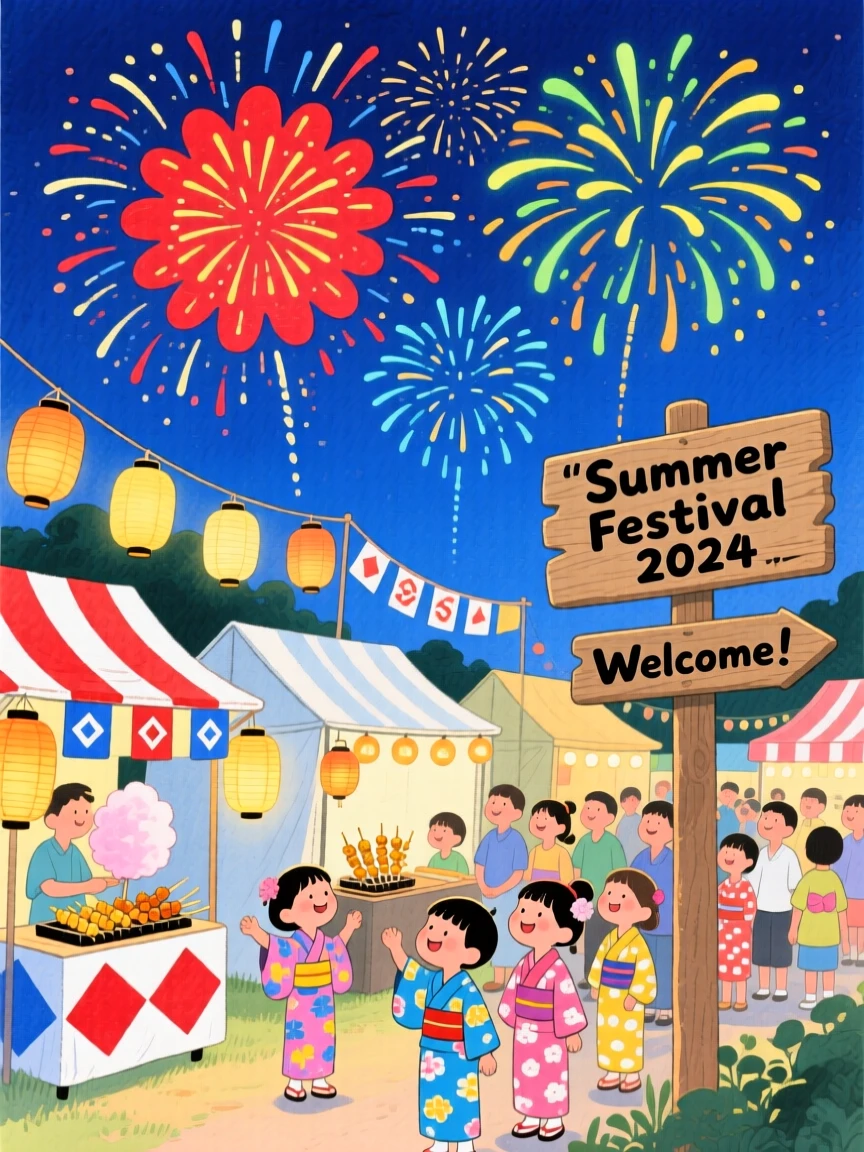 Fireworks lighting up the sky above a summer festival, filled with seasonal charm.