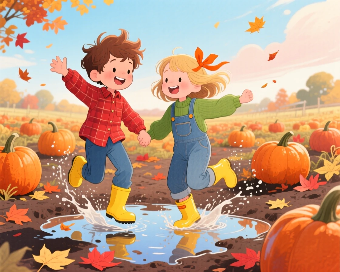 A pair of best friends, a boy and a girl jumping through puddles in bright yellow rain boots, in a pumpkin patch under a crisp autumn sky, evoking a warm sense of nostalgia.
