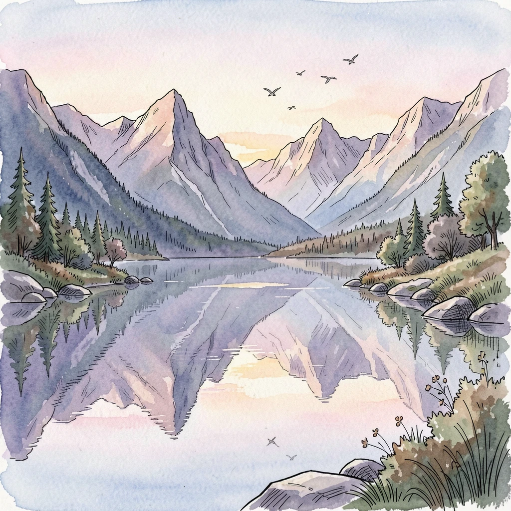 A quiet mountain lake perfectly mirroring the surrounding peaks at dawn, birdsong drifting through the stillness of early morning.