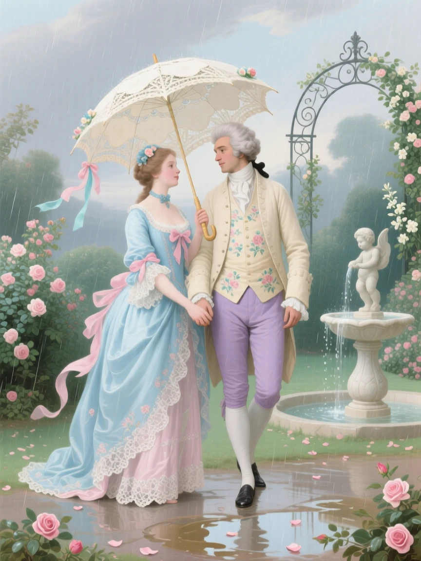 A couple holding hands beneath an umbrella in a quiet garden rain  