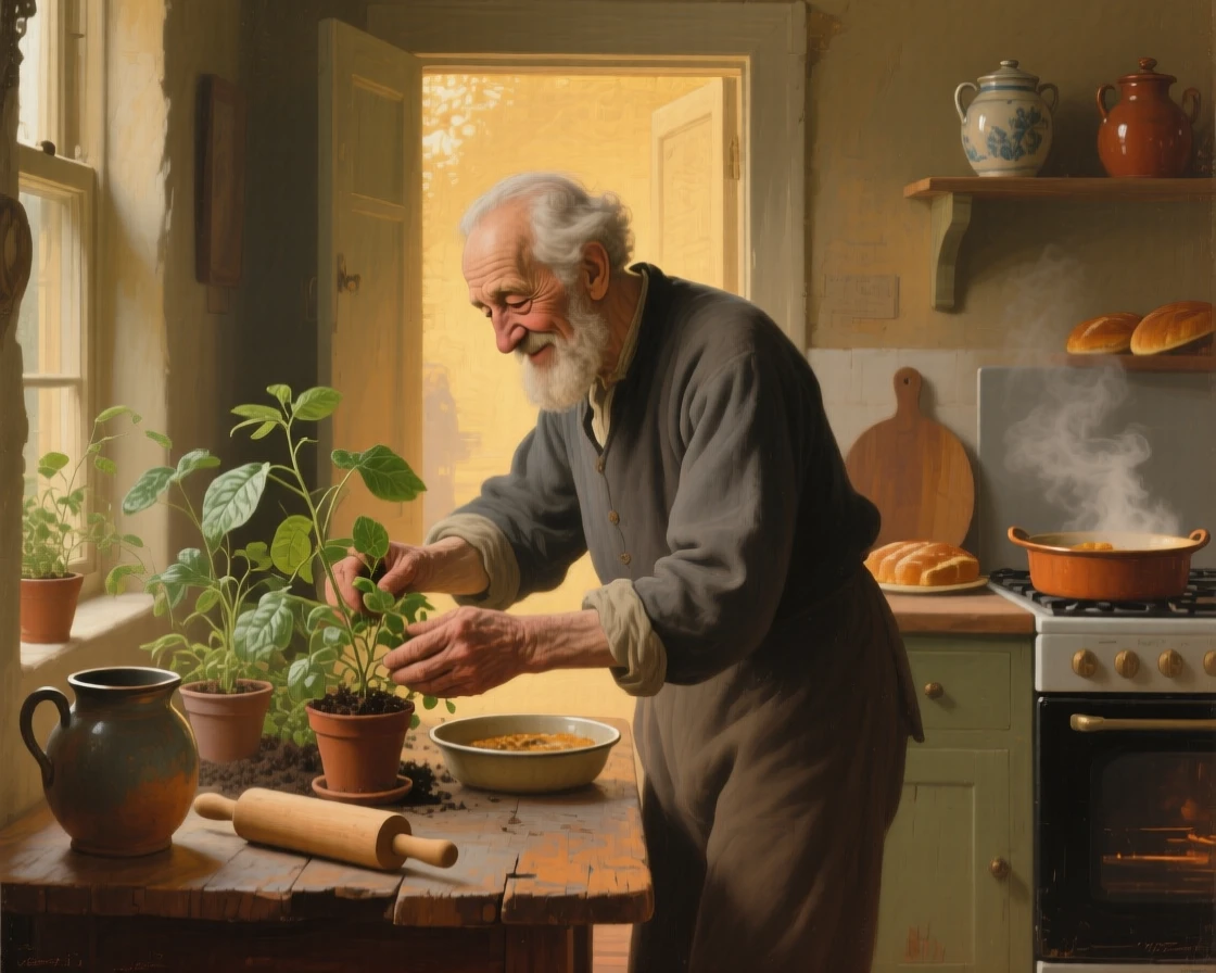 An elderly man tending a garden his late wife once planted in a small, tender moment that says everything without words, set within a warmly lit kitchen filled with the smell of baking, with soft golden light catching genuine, unguarded smiles; gentle framing by a doorway or window softens the intimate scene, radiating warmth, comfort, and belonging.