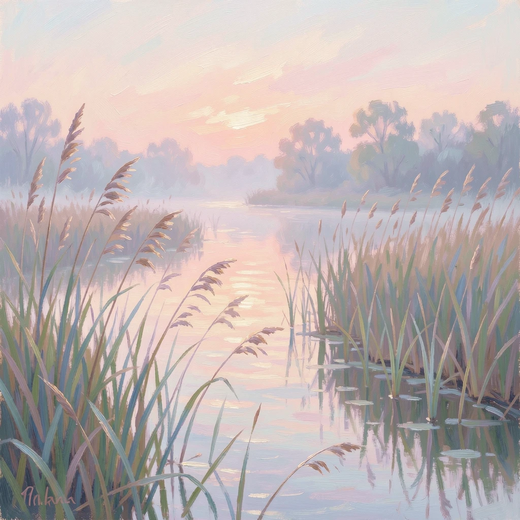 A quiet marsh at dawn, reeds swaying gently as mist drifts low over still, glassy water.