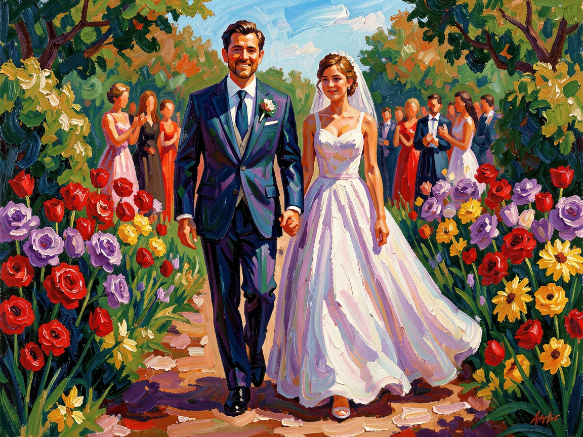 A proud father walking his daughter down a garden aisle on her wedding day.
