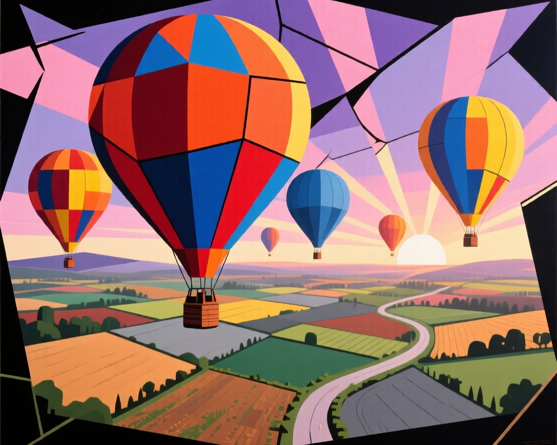 A fleet of colorful hot air balloons rising over a patchwork countryside at dawn.