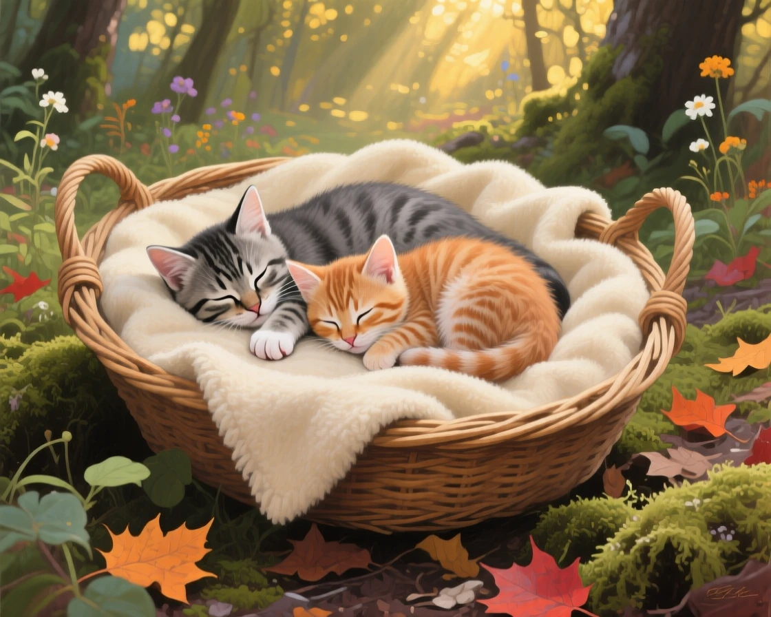 Two kittens curl together asleep in a wicker basket lined with a soft blanket, one paw draped gently over the other's back, the moment captured with a sense of calm intimacy despite the wild setting.