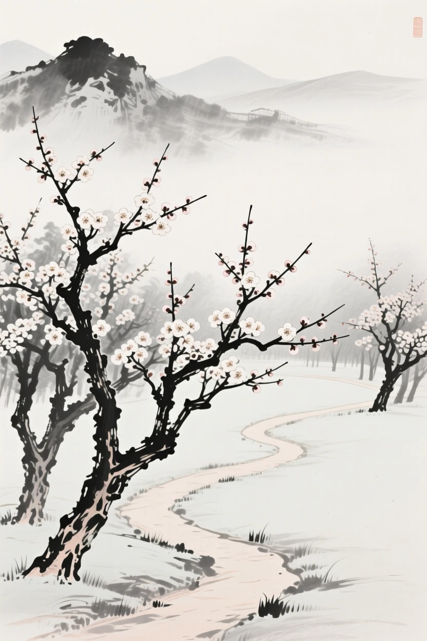 A grove of plum trees blossoms along a quiet garden path, with a distant mountain range fading into mist.