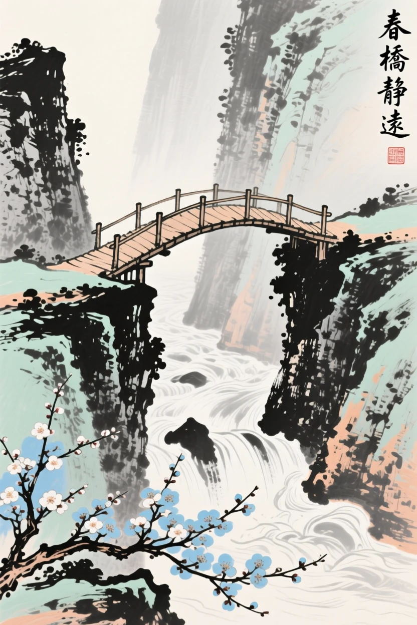 A wooden footbridge crossing a gorge high above a rushing river, imbued with timeless calm, as spring blossoms unfold.