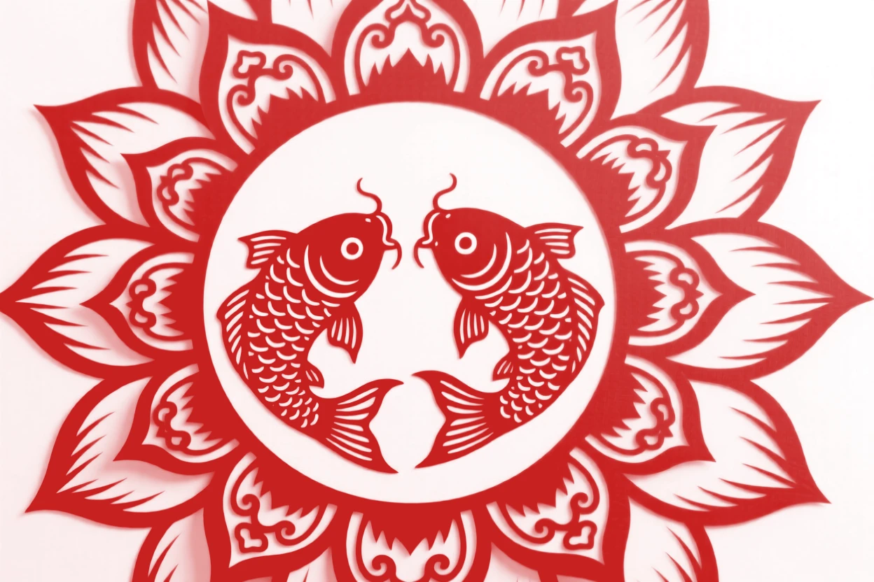 A radial burst of lotus petals surrounding a central pair of swimming carp