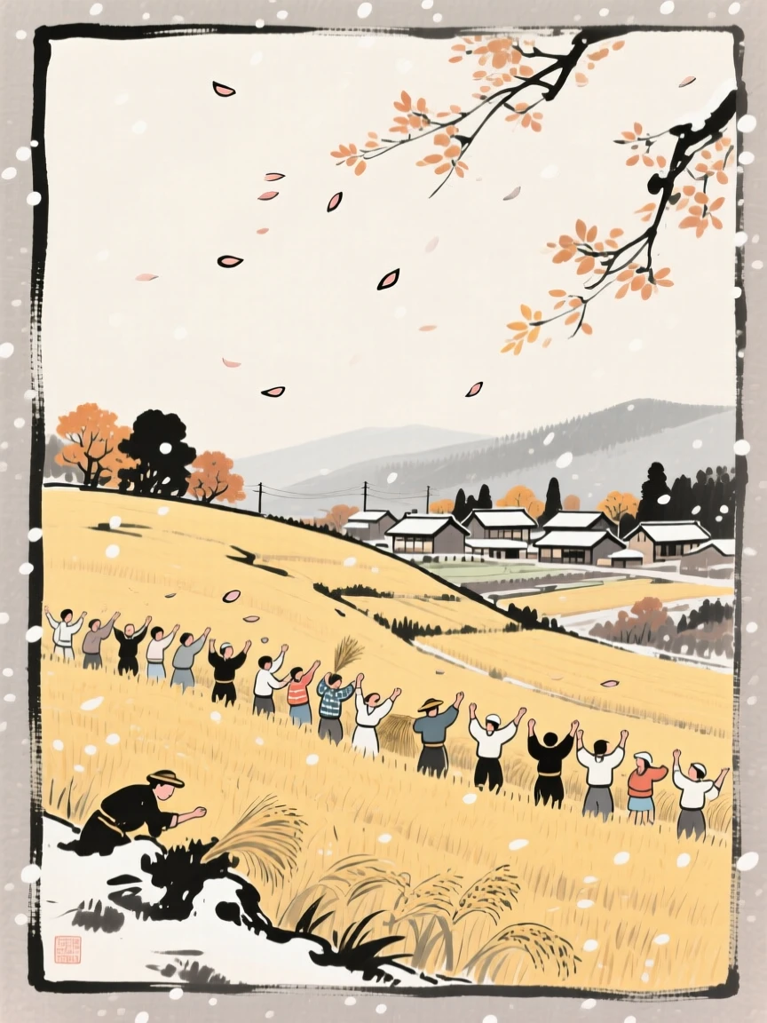 A harvest celebration in a golden autumn field on a hillside overlooking the village below, framed through drifting petals or falling snow for depth, evoking festive warmth and communal joy.
