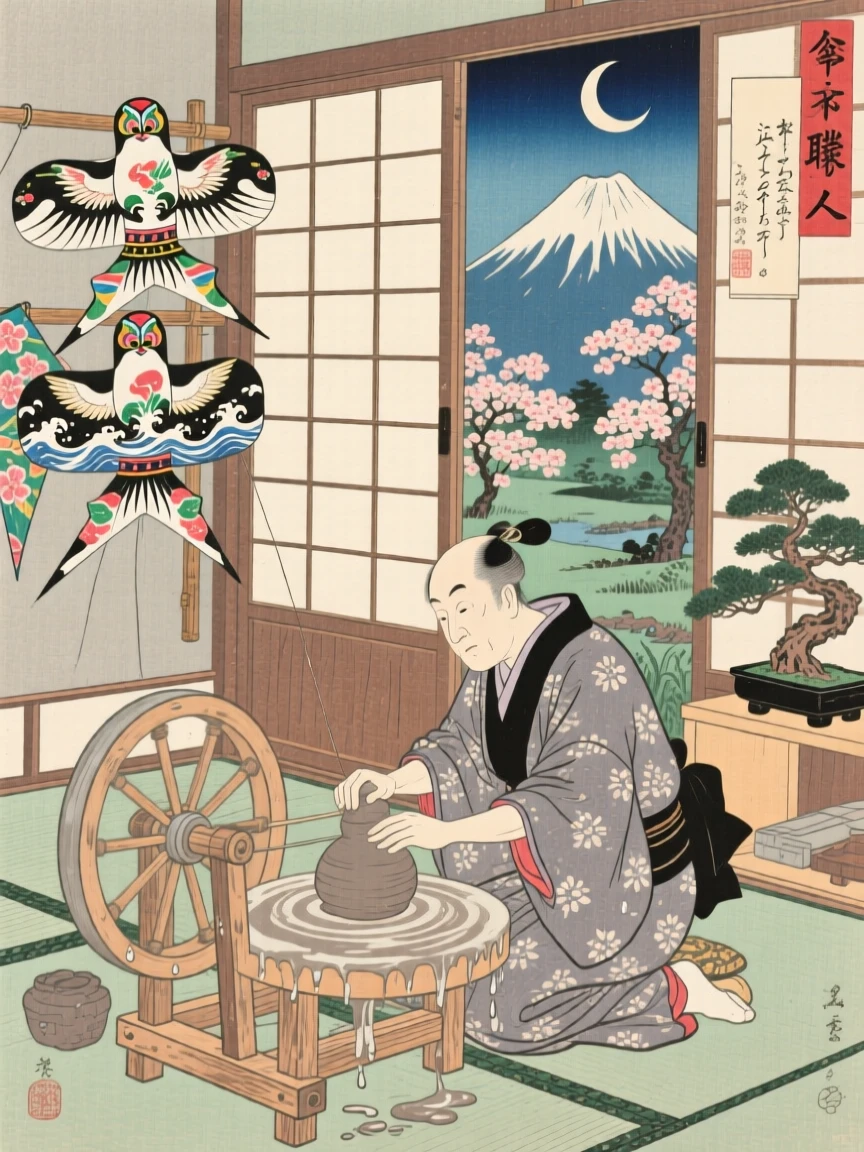 A kite maker shaping wet clay on a spinning wheel.