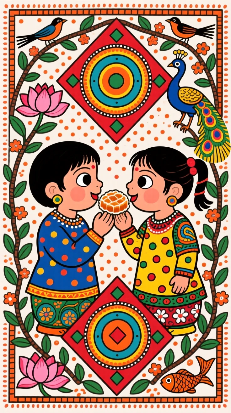 Two children sharing a single sweet, each taking a small bite.