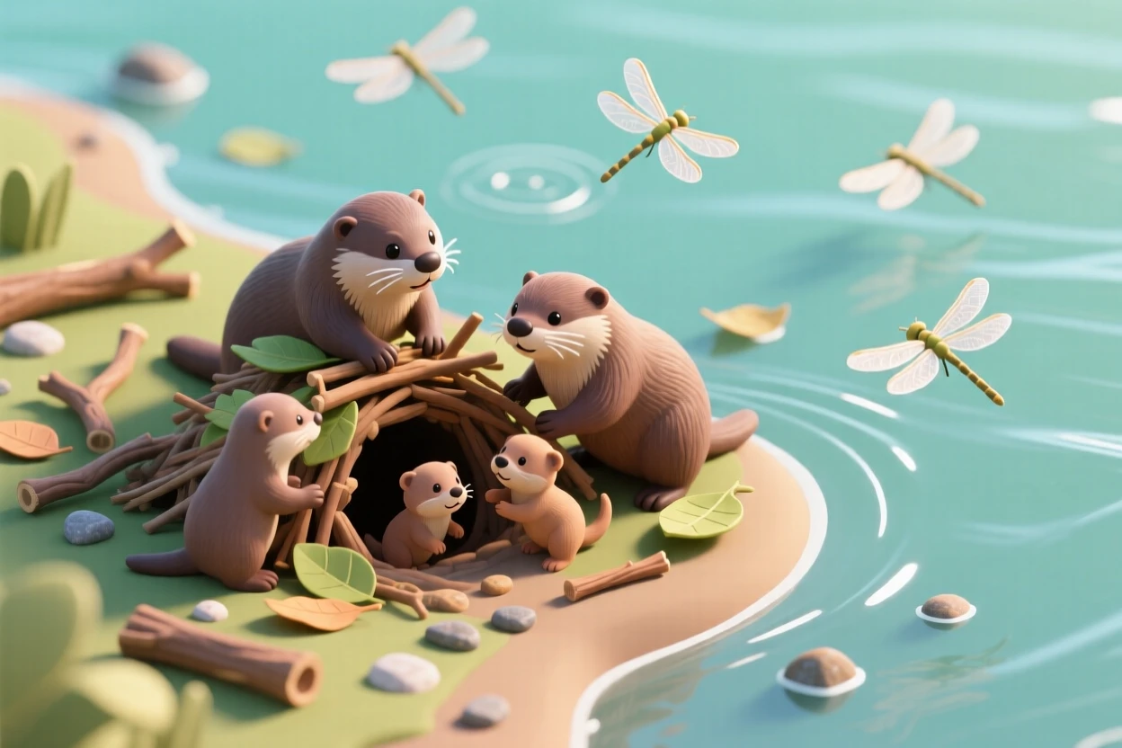 A family of otters building a den along a riverbank, twigs and leaves scattered nearby, with dragonflies hovering over the water.