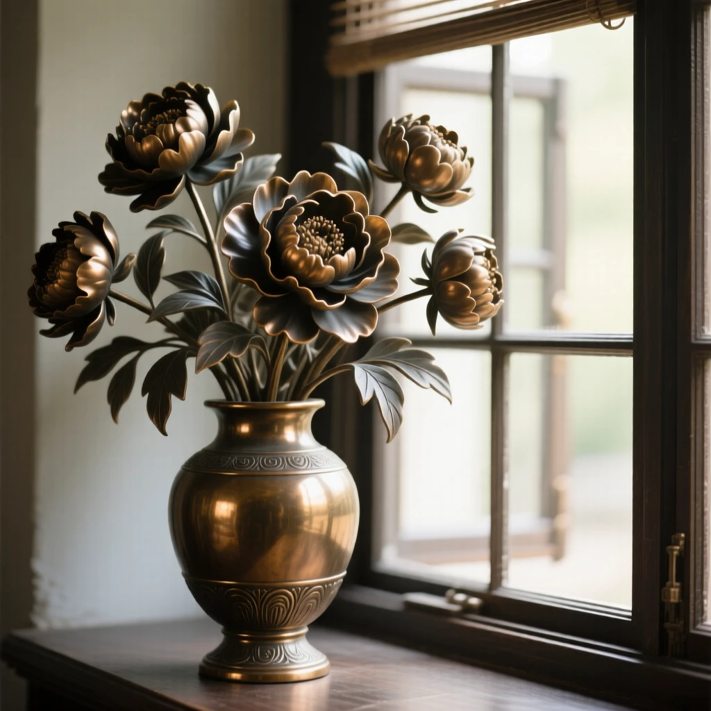 A vase of peonies in full bloom beside an open window, rendered with soft natural light and rich texture, forming an elegant, balanced composition