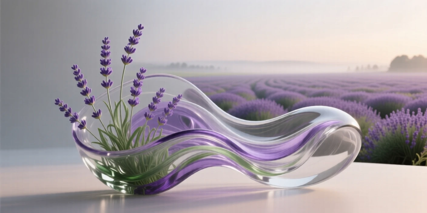 Rolling lavender fields stretching to the horizon at the quiet hush of early morning, gentle mist rising, composition inviting stillness and reflection.