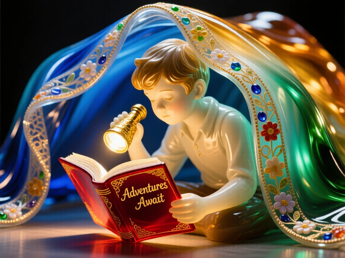 A boy reading a book by flashlight under a blanket fort, cozy and imaginative.
