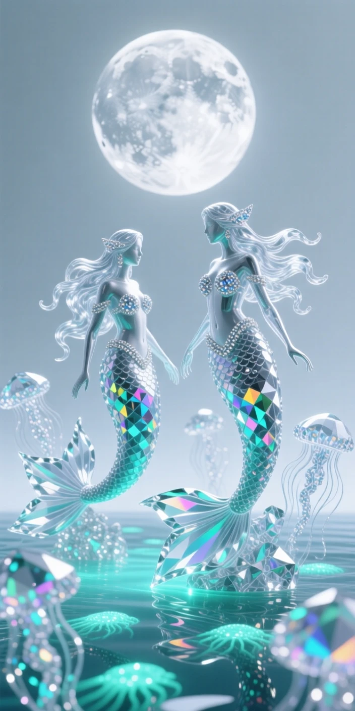 A mermaid lagoon glowing with bioluminescent plankton under a full moon.