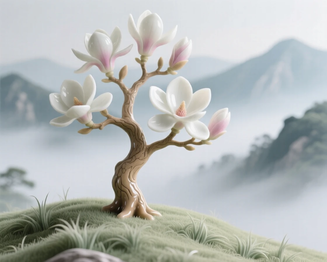 A ancient magnolia tree standing alone on a grassy hill in a misty mountain valley.