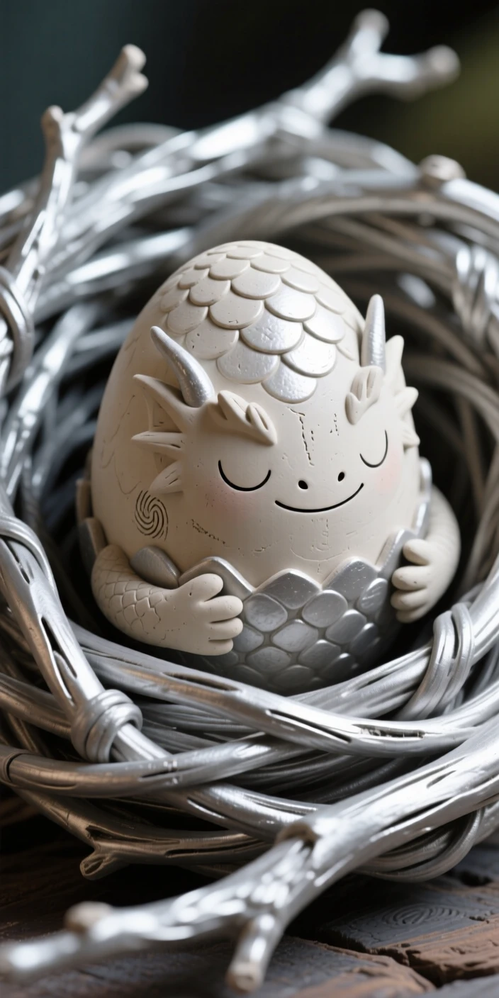 A dragon egg nestled safely inside a nest of woven silver branches