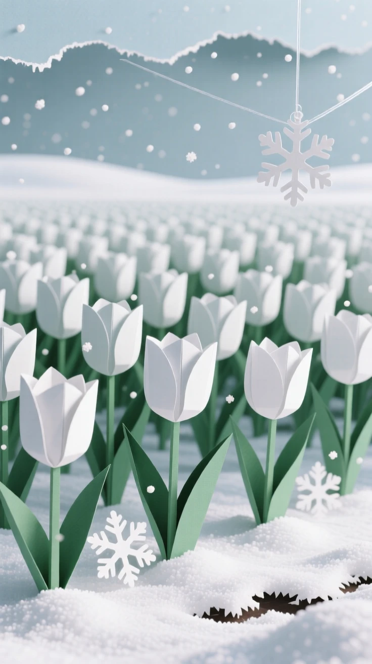 A field of tulips stretching to the horizon during a gentle snowfall, with fresh snow blanketing every surface, conveying quiet wonder and stillness.