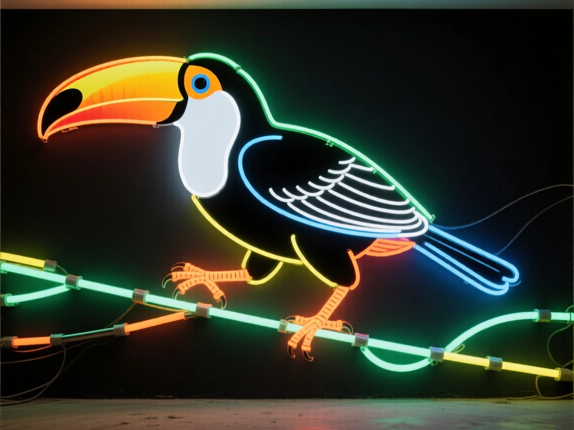 A toucan captured mid-stride crossing an open clearing.