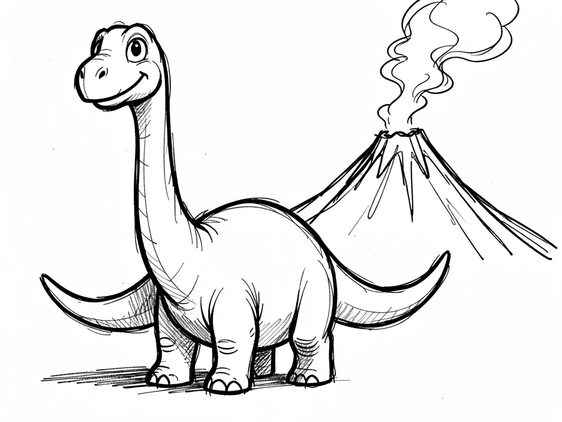 A gentle long-necked brontosaurus beside a volcano in the distance.