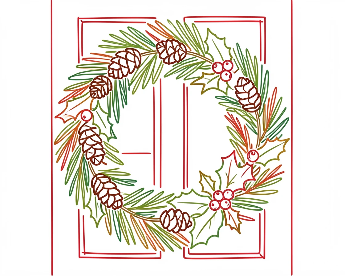 A wreath of pine, holly, and pinecones hanging on a bright red door.