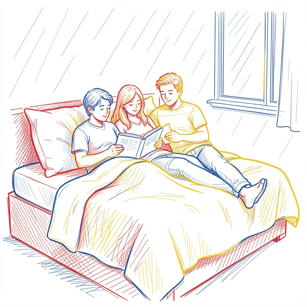 A family reading together on a big cozy bed on a rainy morning