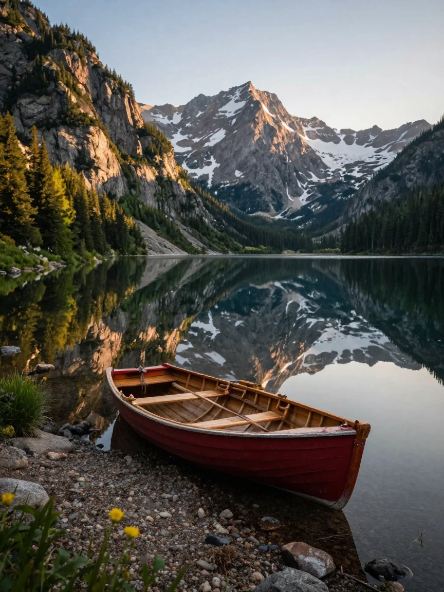 A rowboat resting on the shore of a still mountain lake